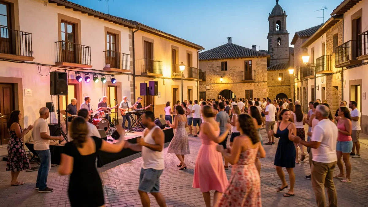 Imagen genérica de un baile de verano al aire libre en una plaza española al atardecer.