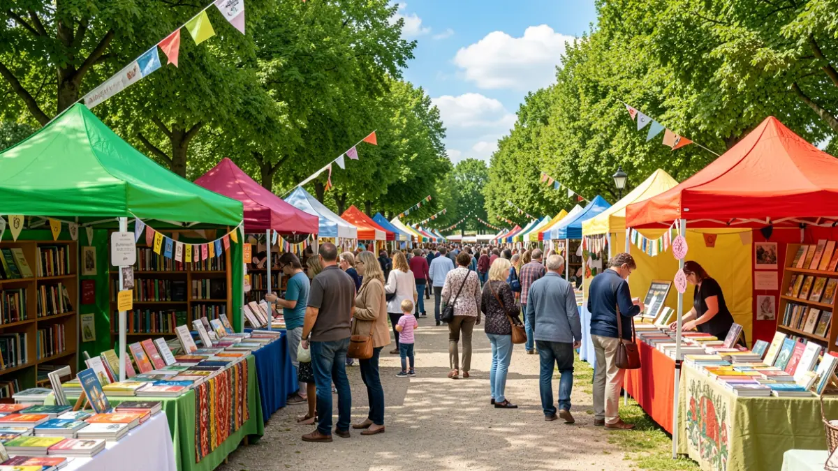 Imagen genérica de una feria del libro al aire libre con carpas, gente y decoración literaria.