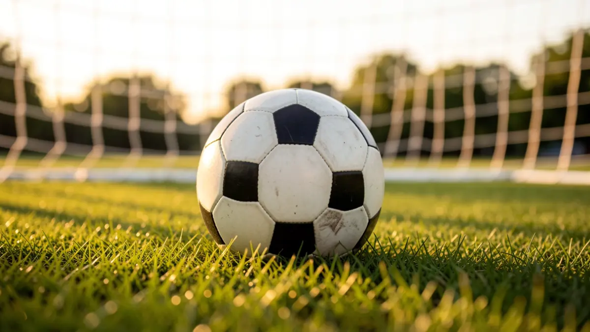 Generic image of a soccer ball on grass with a blurred goal net in the background.