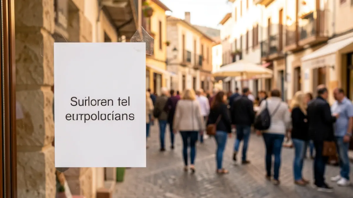 Pegatina de campaña de apoyo a menores en el escaparate de un comercio local en Tres Cantos.