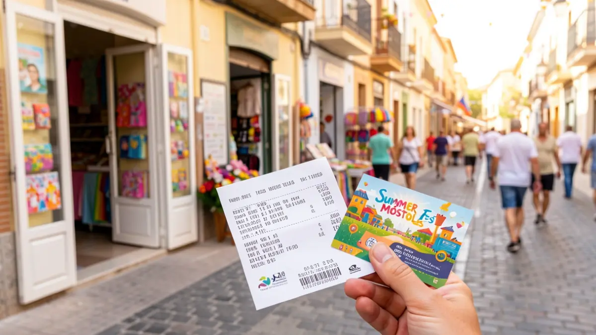 Imagen genérica de una calle comercial de Móstoles con gente comprando y un ticket para el Summer Fest.