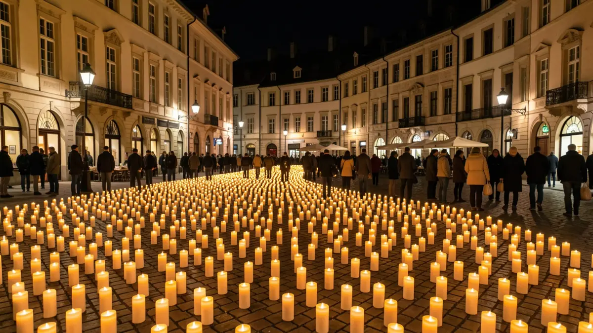Imagen genérica de una plaza iluminada por miles de velas eléctricas por la noche.