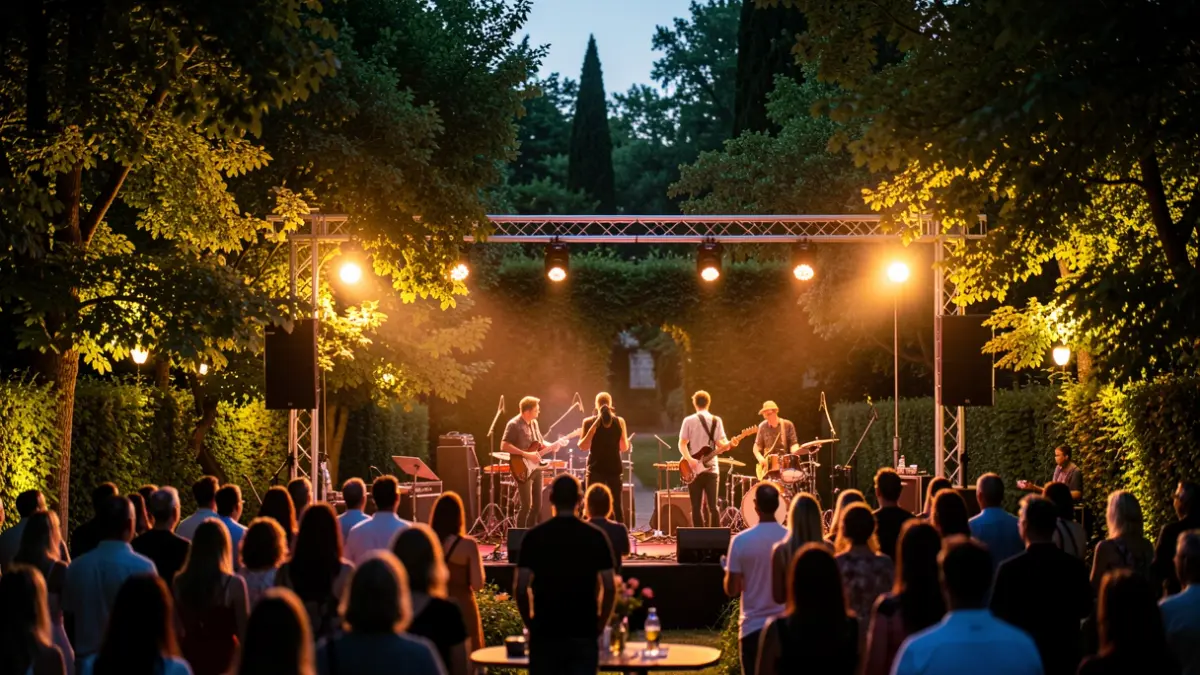 Generic image of an outdoor concert in a historic garden at dusk.