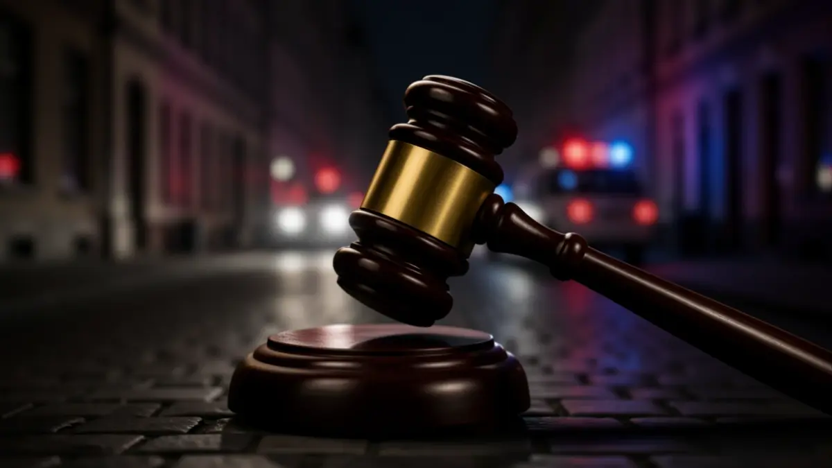 Abstract representation of justice and tragedy: a gavel casting a long shadow over a blurred, dark urban street scene at night, with faint red and blue emergency lights in the distance.