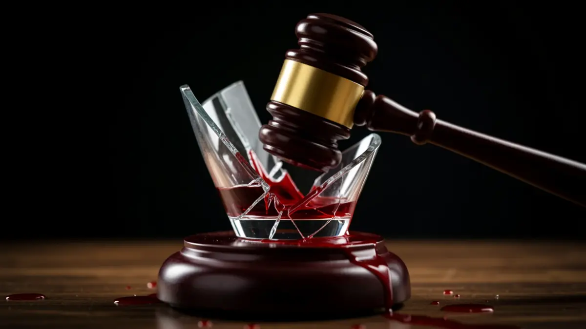 Representación abstracta de justicia y violencia con un mazo golpeando un cristal roto.