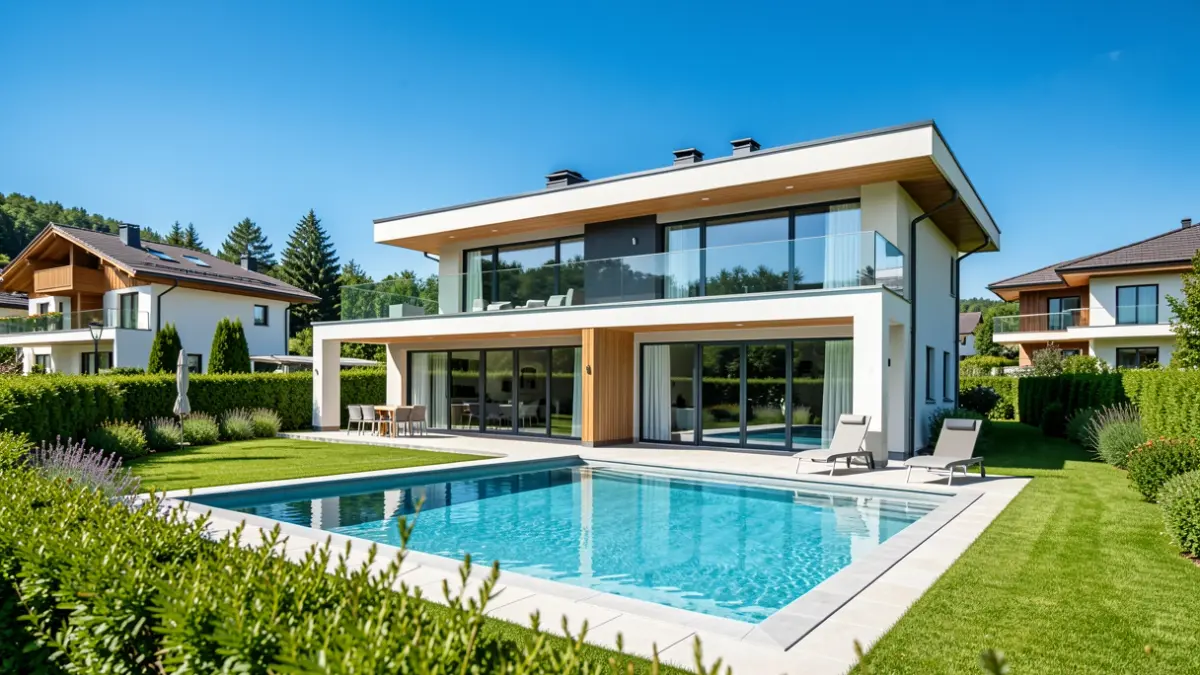 Generic image of a modern luxury chalet with a swimming pool.
