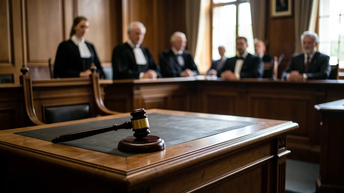 Imagen genérica de una sala de tribunal con un juez y abogados.