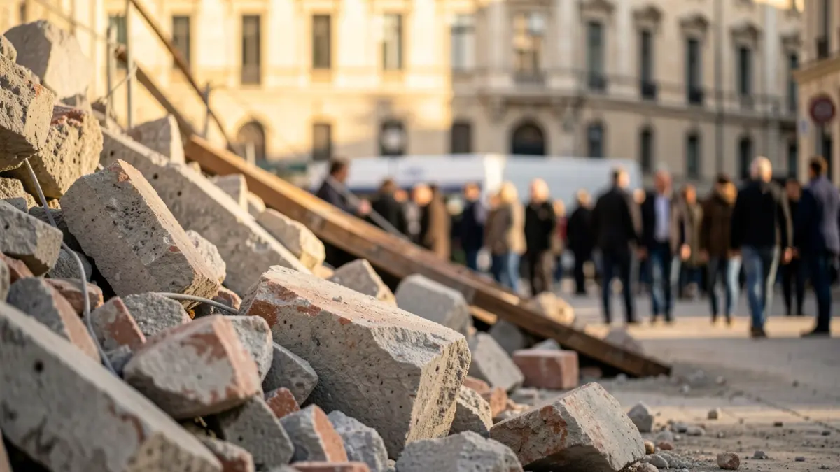 Image of debris at a demolition site in an urban environment.