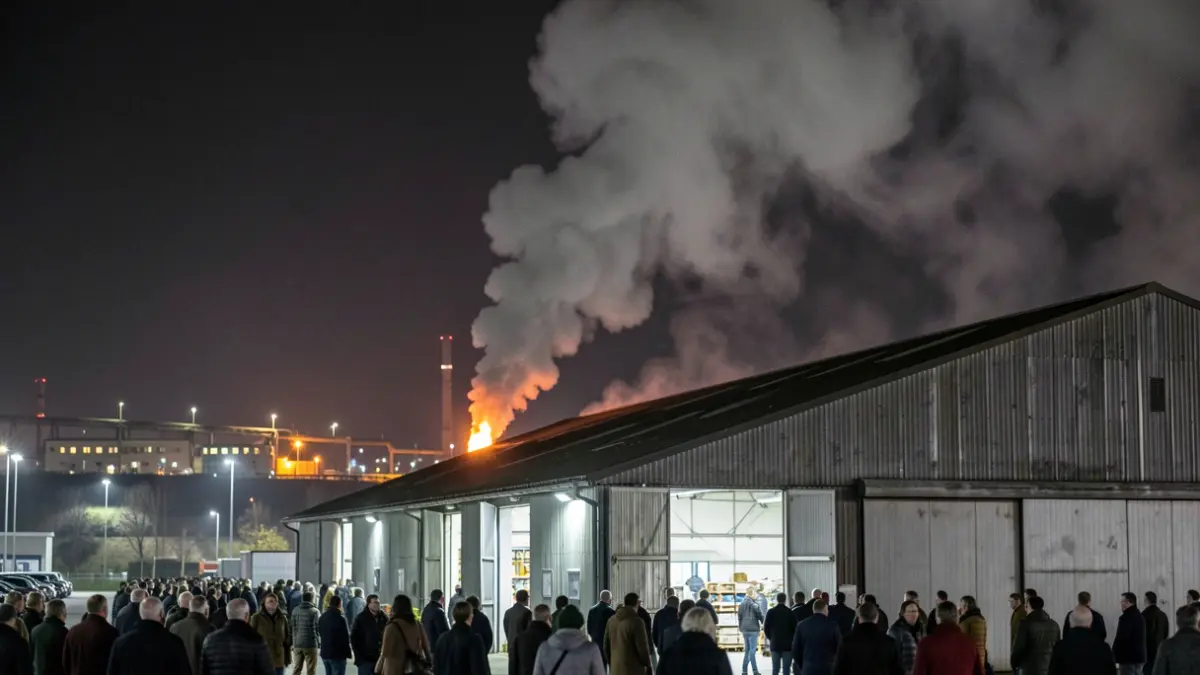 Imagen genérica de una columna de humo y llamas procedentes de un incendio en una nave industrial por la noche.