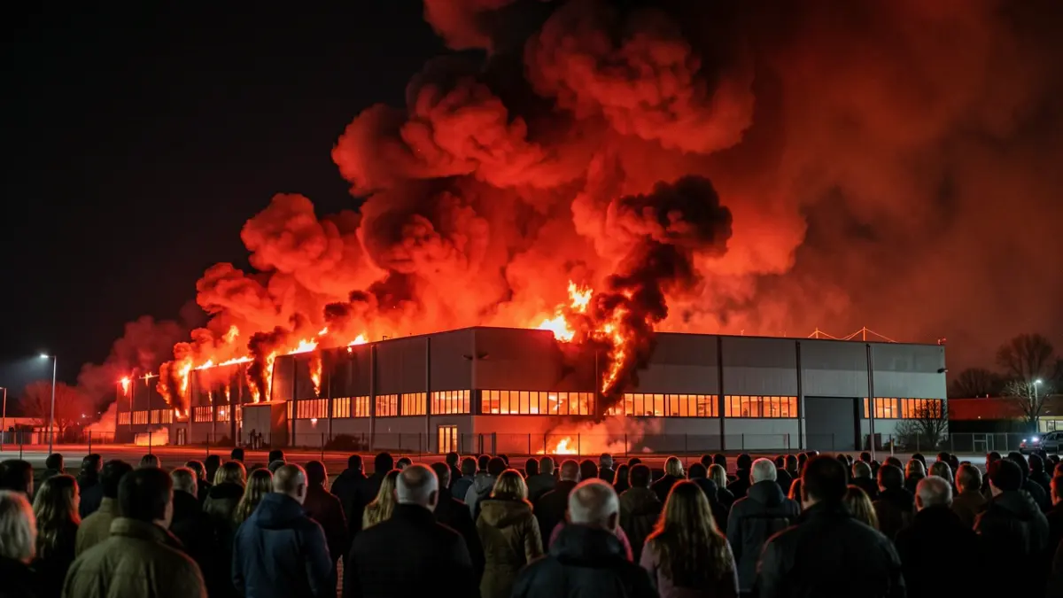 Image of an industrial warehouse on fire at night, with dense smoke.