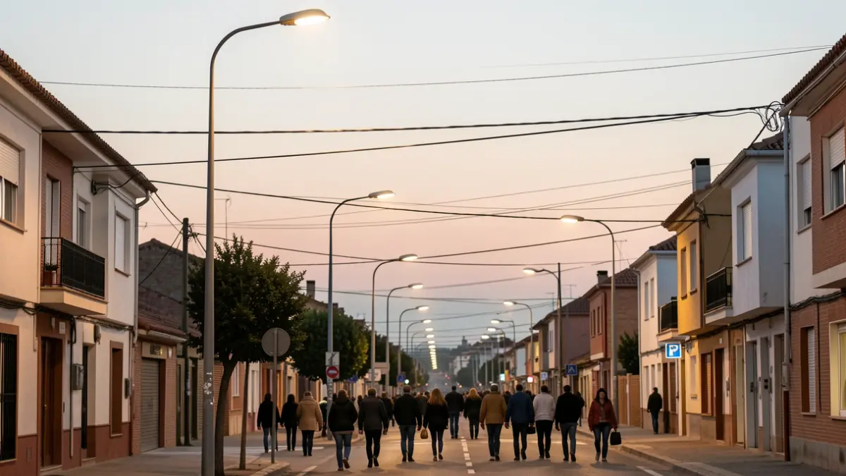 Imagen genérica de una calle residencial en Alcorcón al amanecer, con líneas eléctricas visibles.