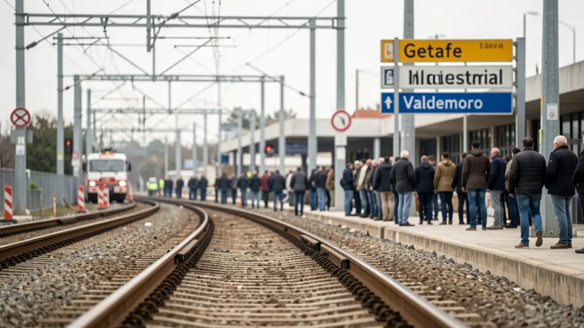 Imagen genérica de vías de tren con catenaria y señales de estaciones afectadas por obras.