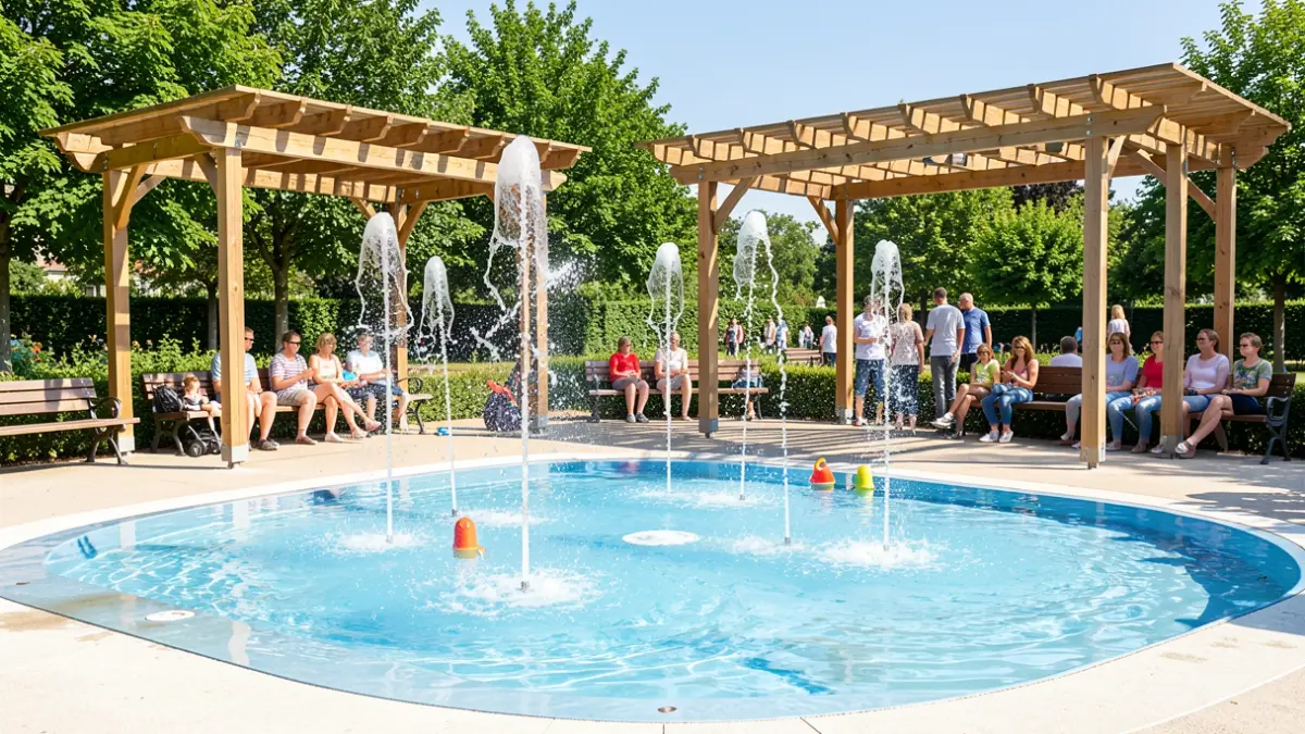 Generic image of a children's water play area with water jets and shaded areas.