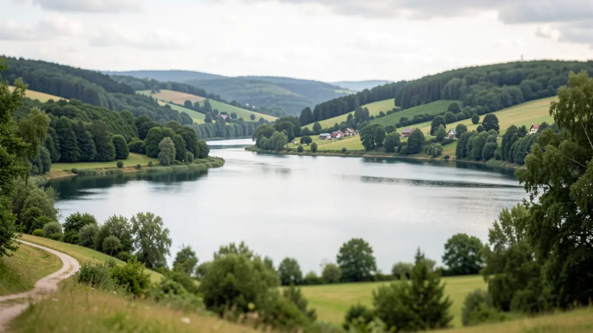 Generic image of a natural landscape with water and green hills.