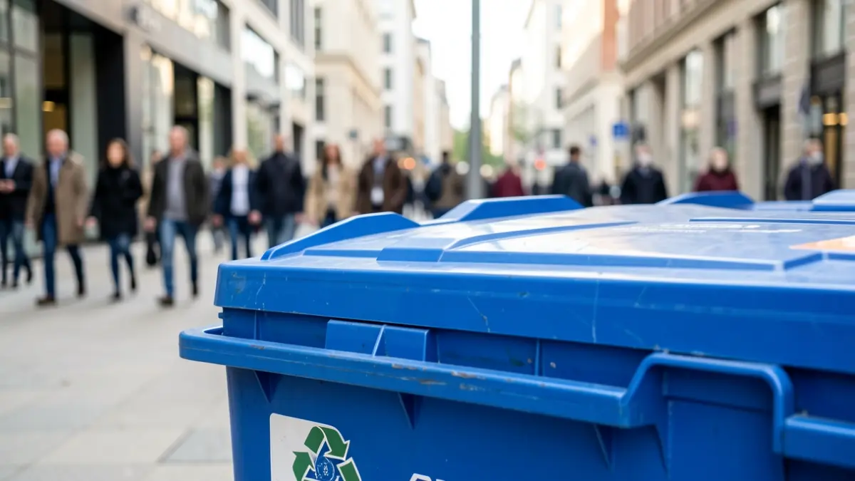 Imagen genérica de un contenedor de reciclaje de papel en un entorno urbano.