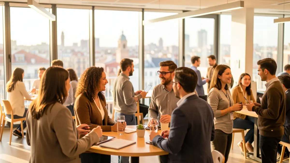 Generic image of entrepreneurs networking in a modern co-working space in Madrid.