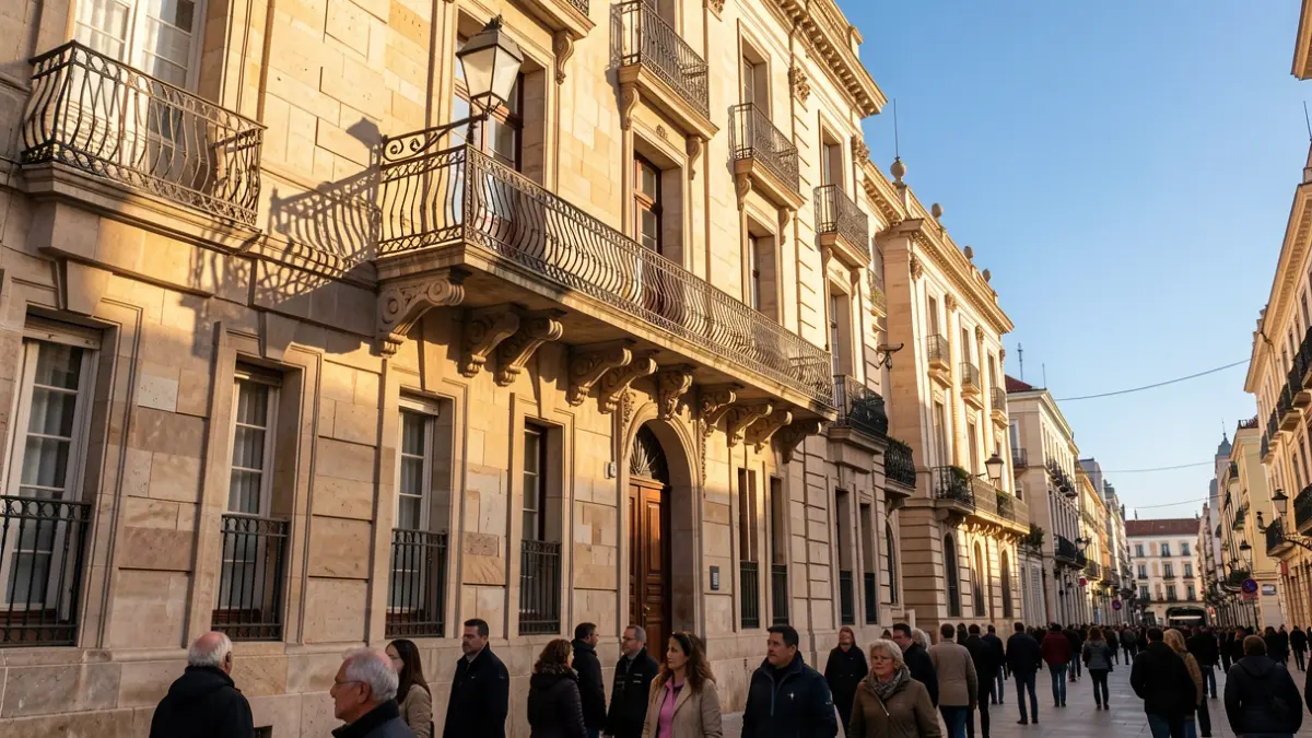 Fachada de un ayuntamiento de la Comunidad de Madrid con balcón y barandillas de hierro, luz cálida de la tarde.