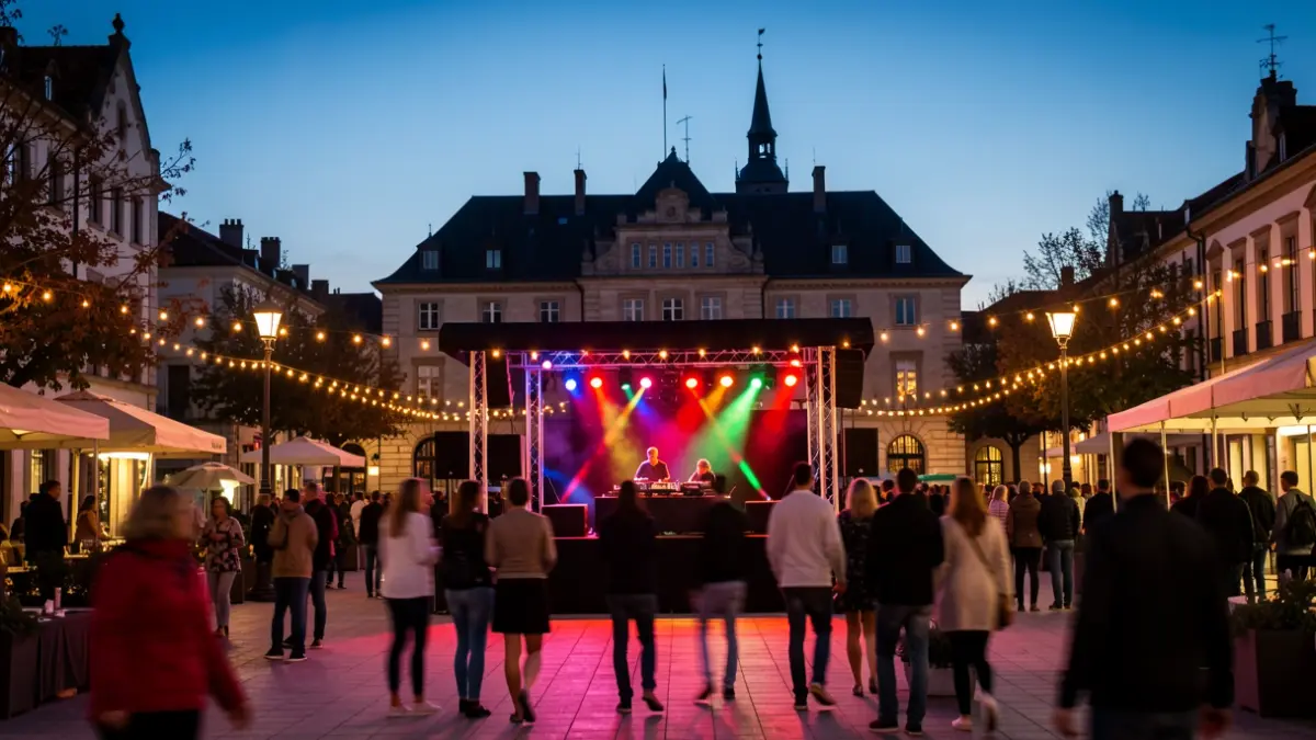Generic image of a festive plaza at dusk with a stage and traditional architecture.