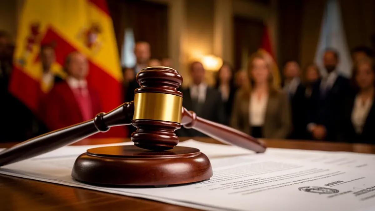 Close-up of a judge's gavel on legal documents, with the Spanish flag blurred in the background.