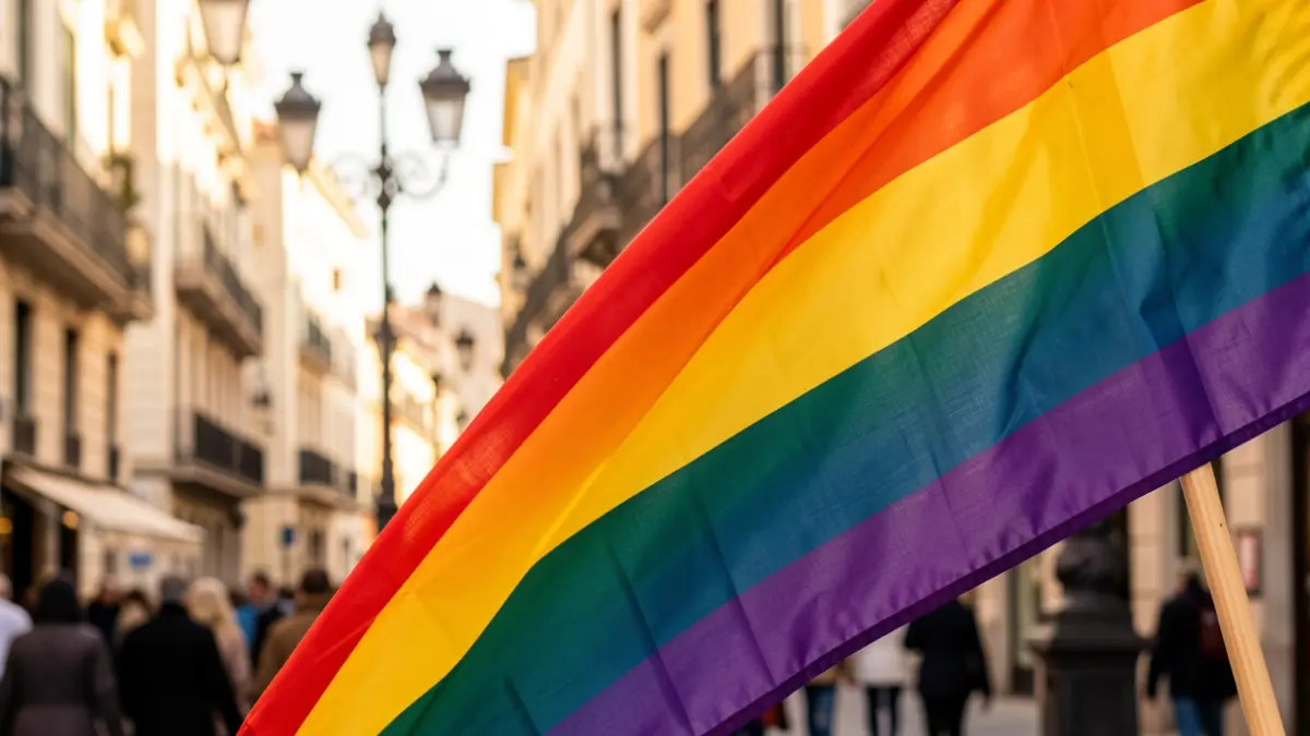 Detalle de una bandera arcoíris con el fondo urbano de Madrid desenfocado.