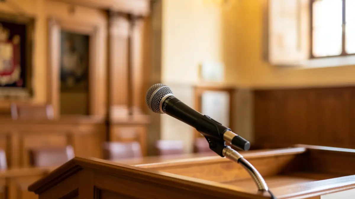 Generic image of a microphone on a podium in a town hall.