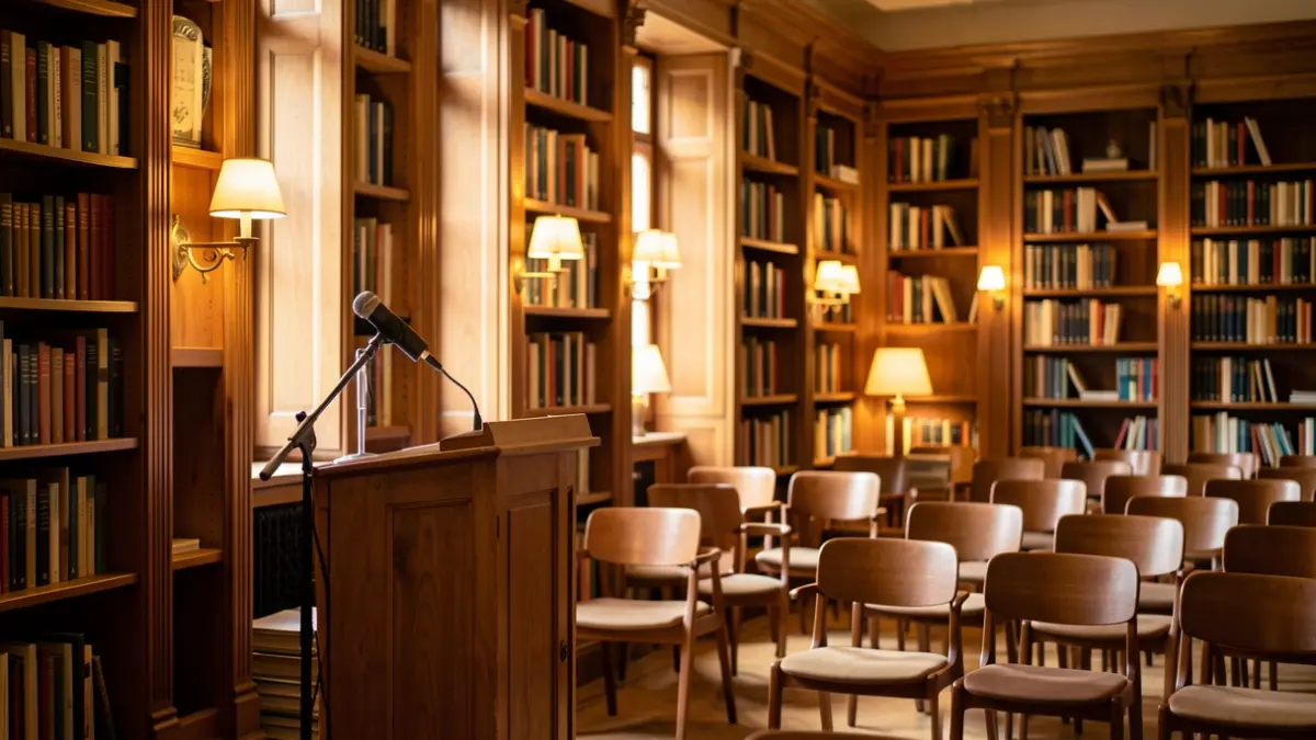 Image of an event hall with warm lighting and wooden bookshelves, evoking a cultural atmosphere.