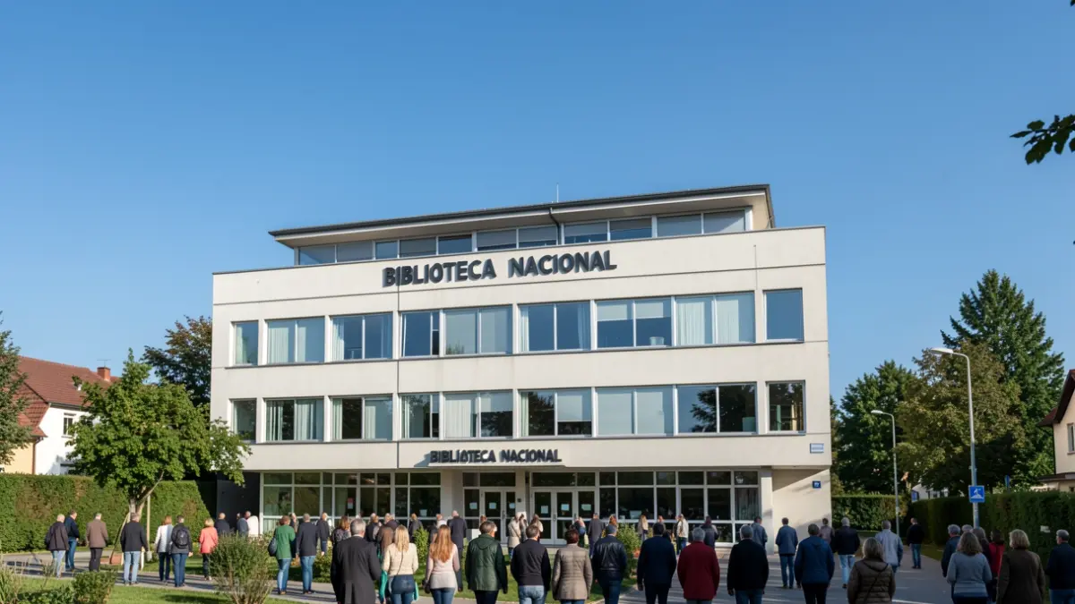 Fachada de un edificio moderno destinado a la Biblioteca Nacional en Tres Cantos.