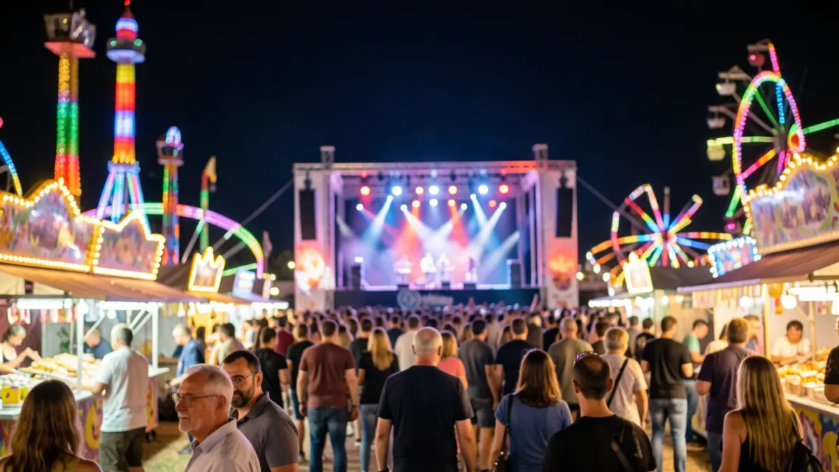 Generic image of a nighttime fairground with lights and a stage.