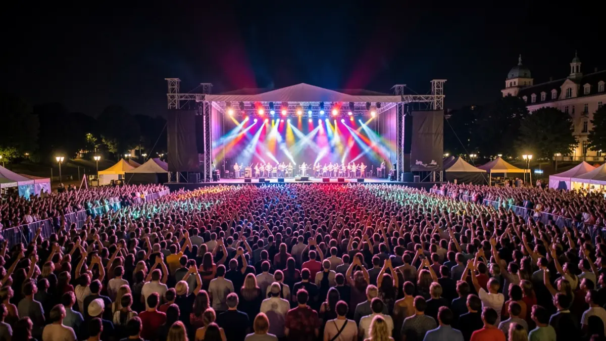 Generic image of a large outdoor concert at night with thousands of attendees.