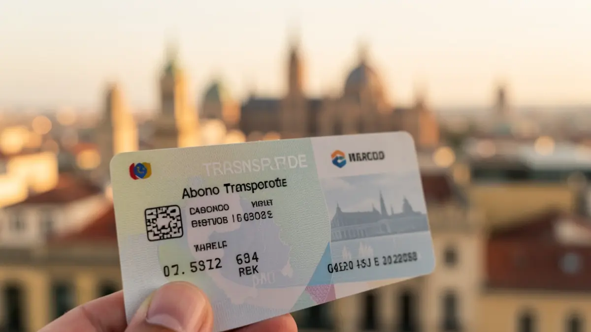 Image of a Madrid Community transport pass with the Madrid skyline blurred in the background.