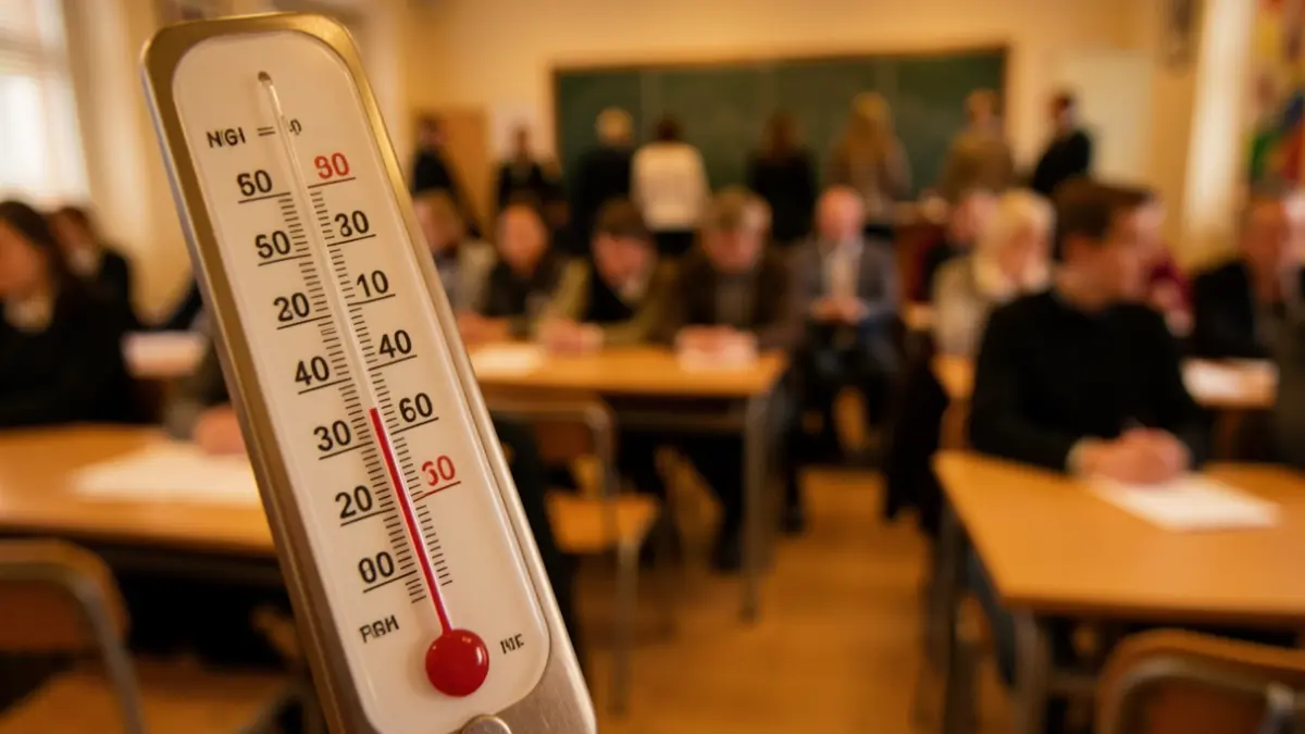 Thermometer showing high temperature in a school classroom.