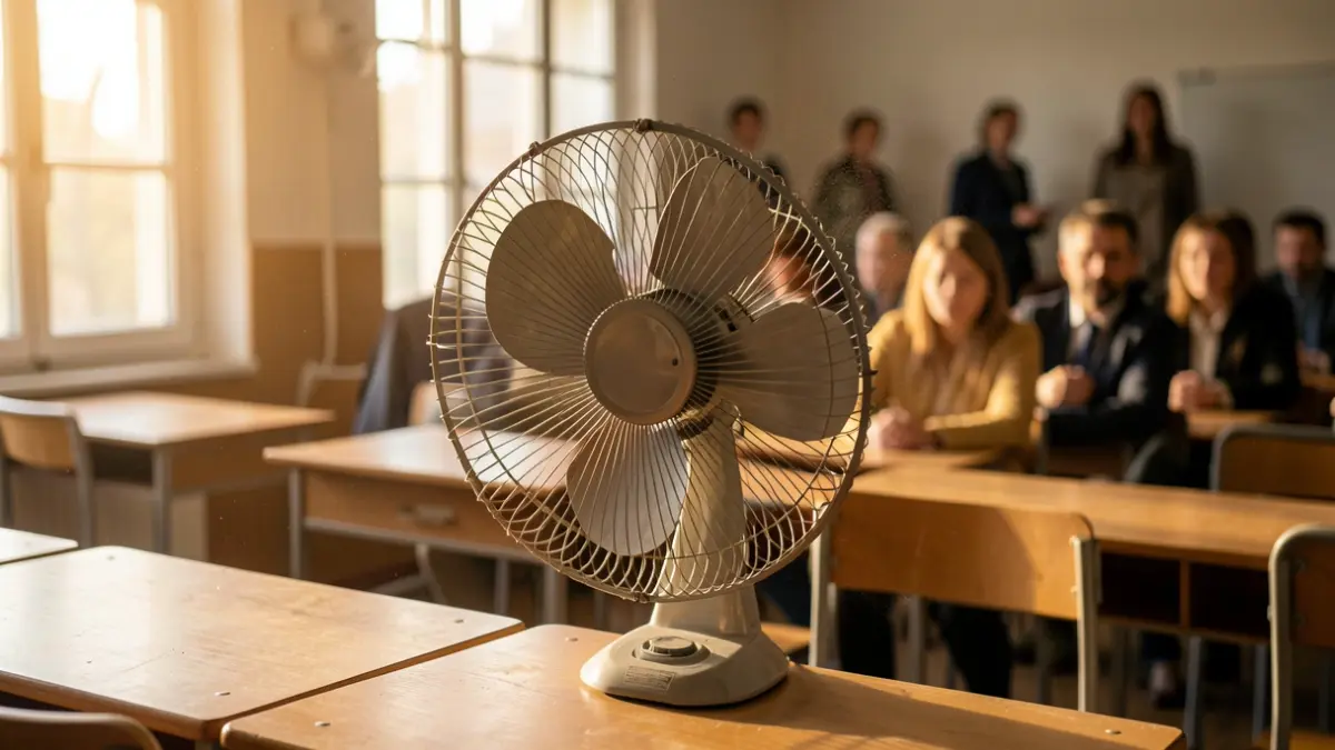 Fan in an empty classroom with sunlight.