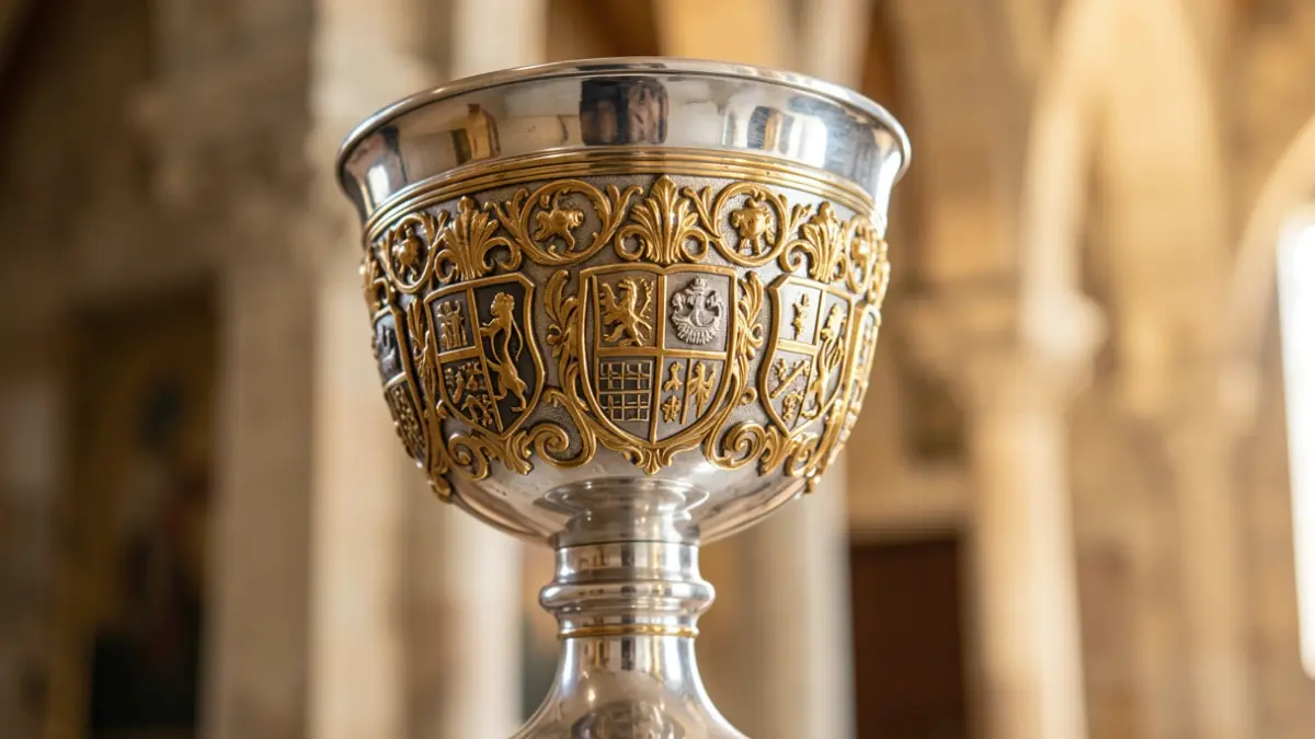 Primer plano de un cáliz de plata ornamentado con decoración dorada y escudos heráldicos, en un entorno monástico.