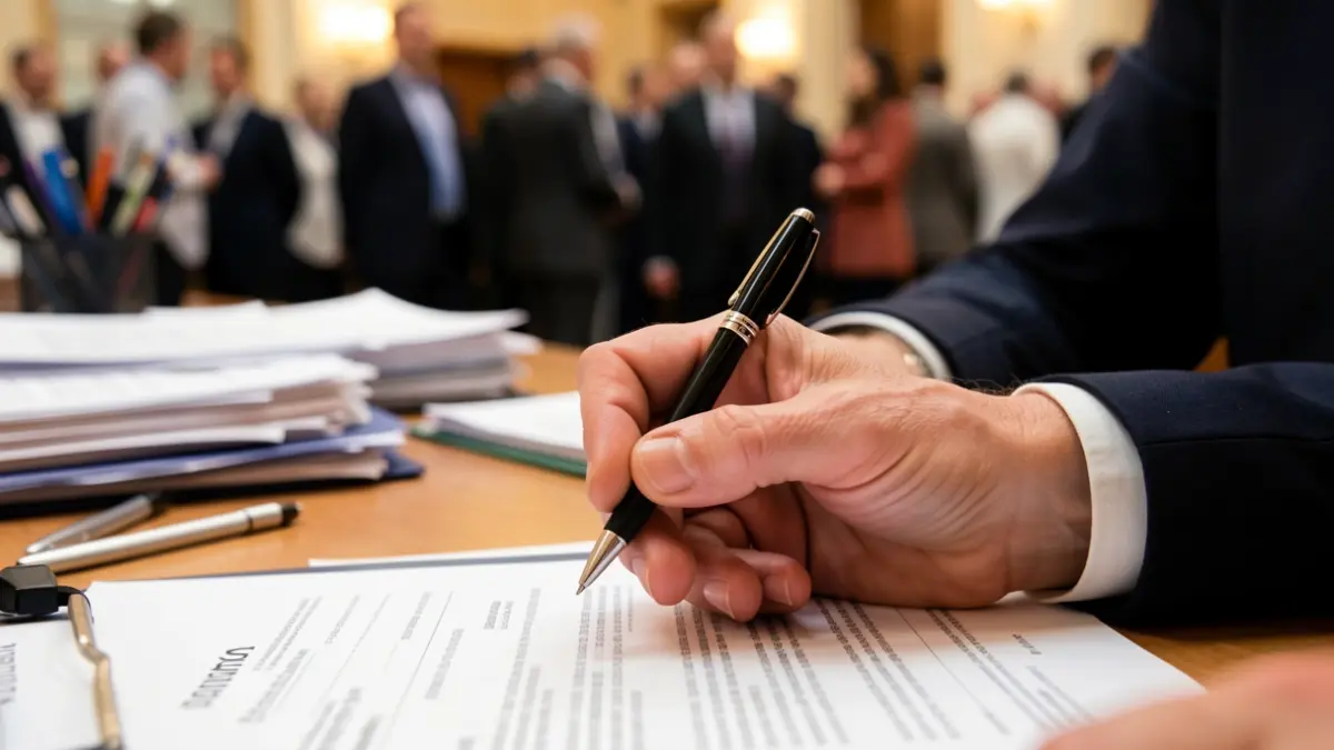 Primer plano de una mano de persona con discapacidad sujetando un bolígrafo sobre un documento, con papeles administrativos y material de oficina desenfocados al fondo.