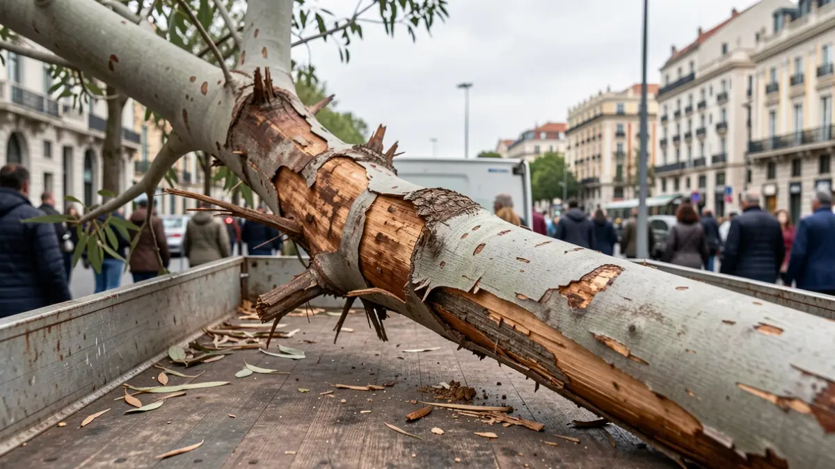 Acacia adulta trasladada tras ser retirada del escenario de la Plaza de Cibeles.