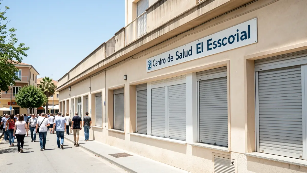 Imagen genérica del exterior del Centro de Salud El Escorial con las persianas bajadas bajo un sol intenso.