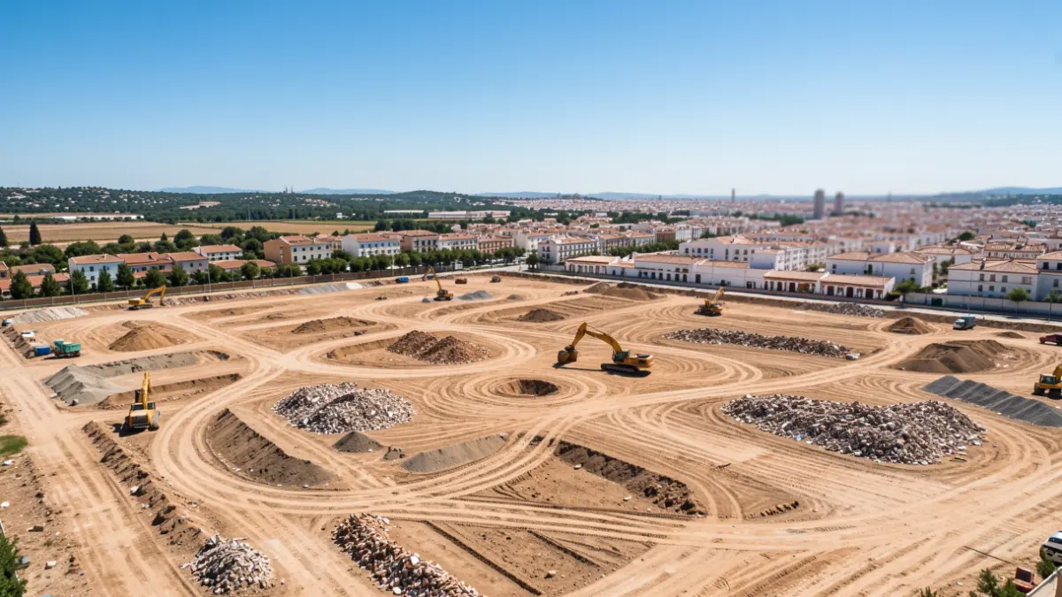 Vista aérea de una zona de obras con maquinaria pesada y escombros en las afueras de una ciudad.