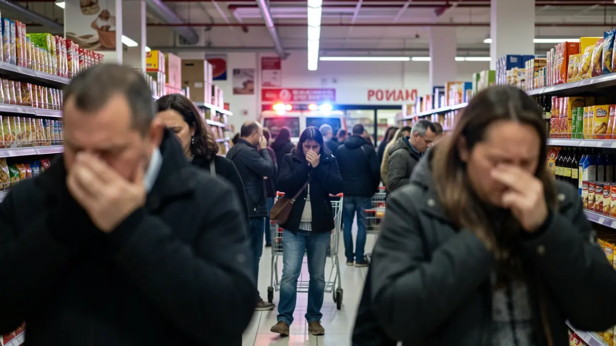 Imagen genérica de un supermercado con personas afectadas por una sustancia irritante.