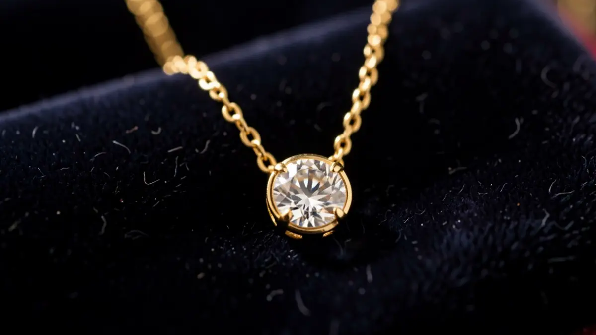 Close-up of a gold necklace with a sparkling diamond pendant on dark velvet.