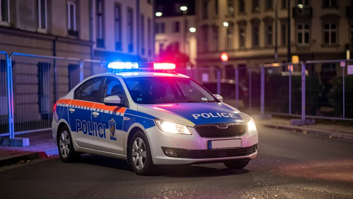 Generic image of a police car with emergency lights activated at night near a construction area.