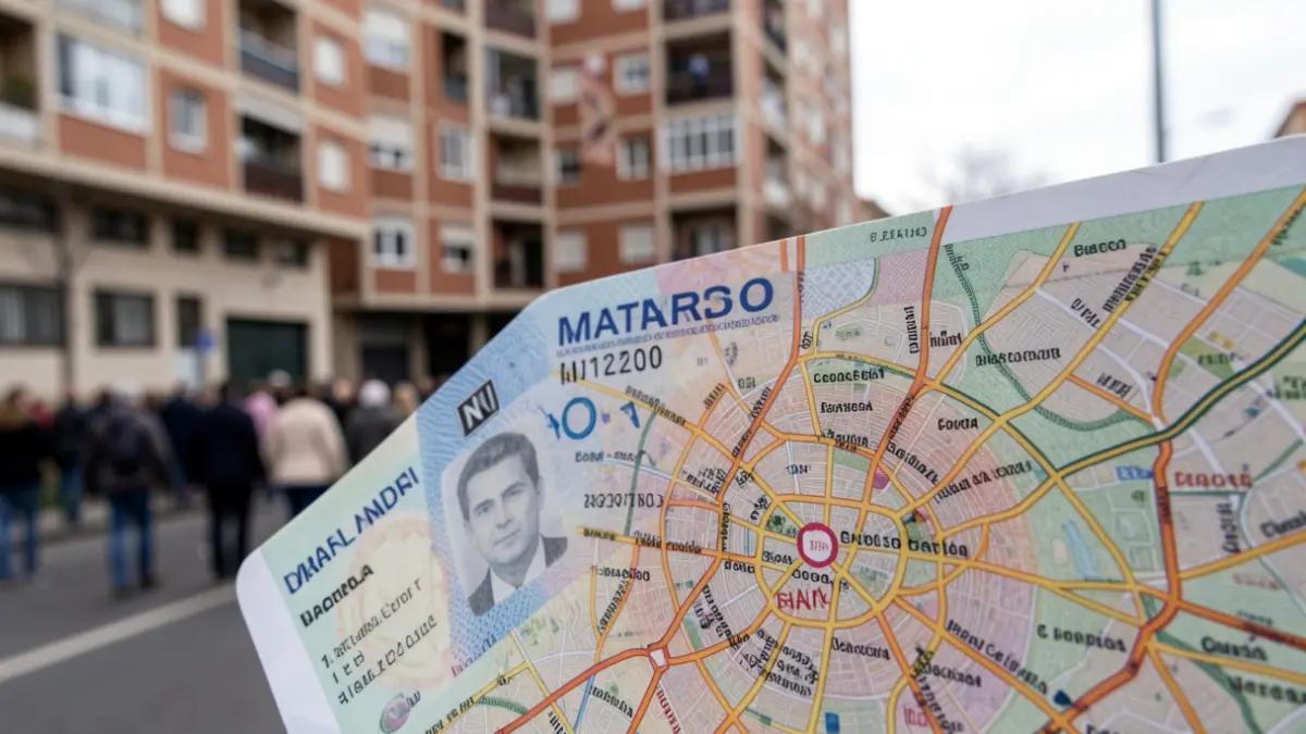 Primer plano de un DNI español junto a un mapa del distrito de Carabanchel en Madrid.