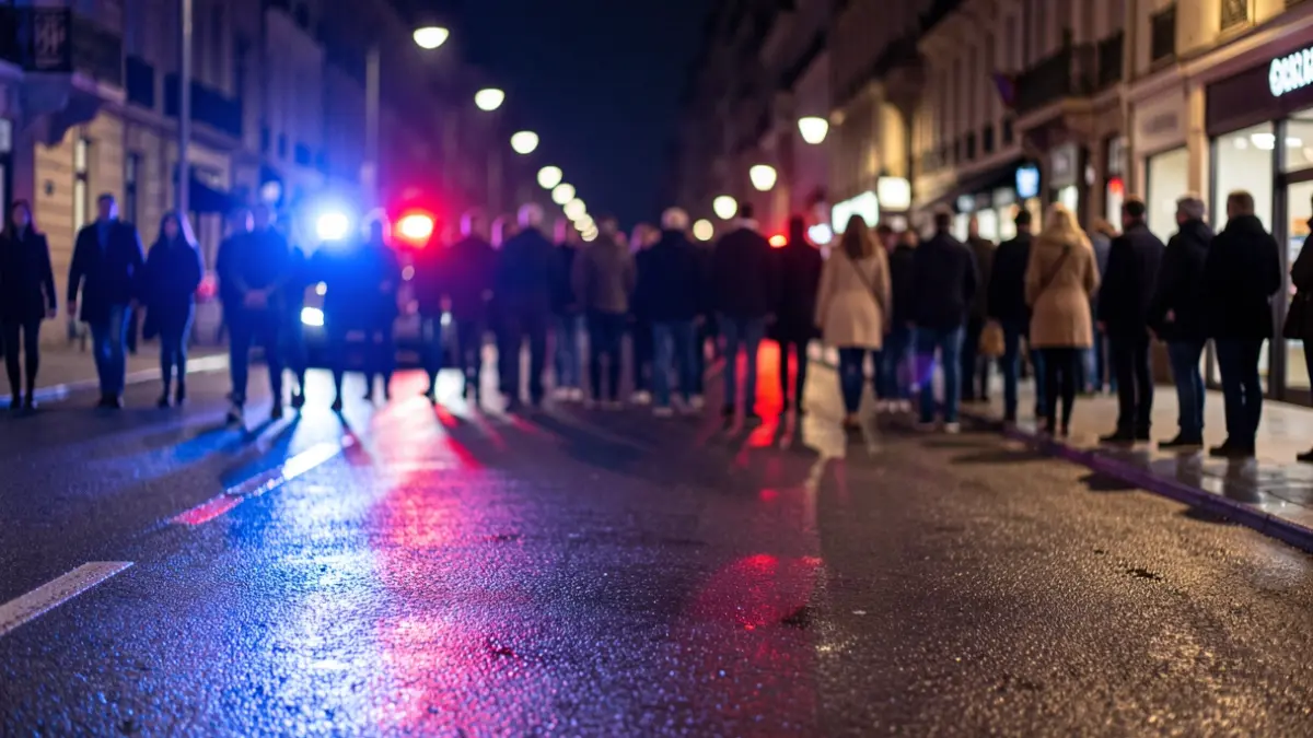 Imagen genérica de luces de emergencia azules y rojas reflejándose en el asfalto mojado por la noche.