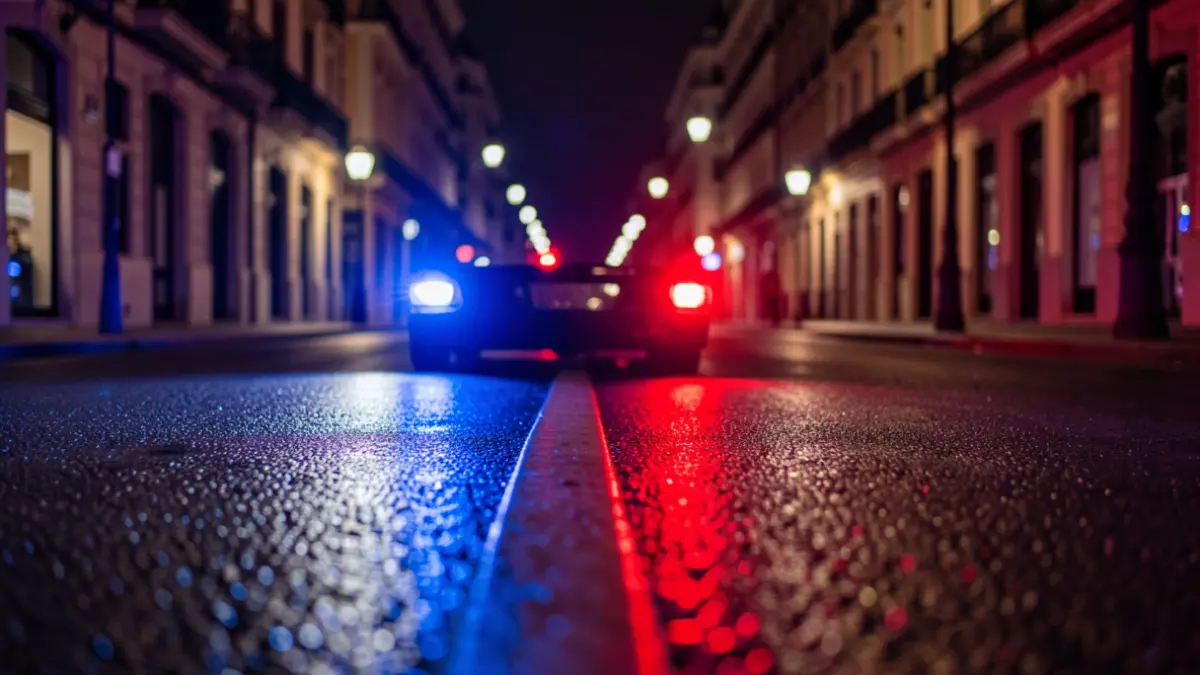 Generic image of police emergency lights reflected on asphalt.