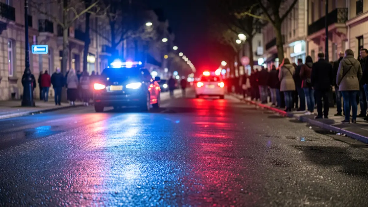 Imagen genérica de luces de emergencia policiales reflejándose en el asfalto mojado por la noche.