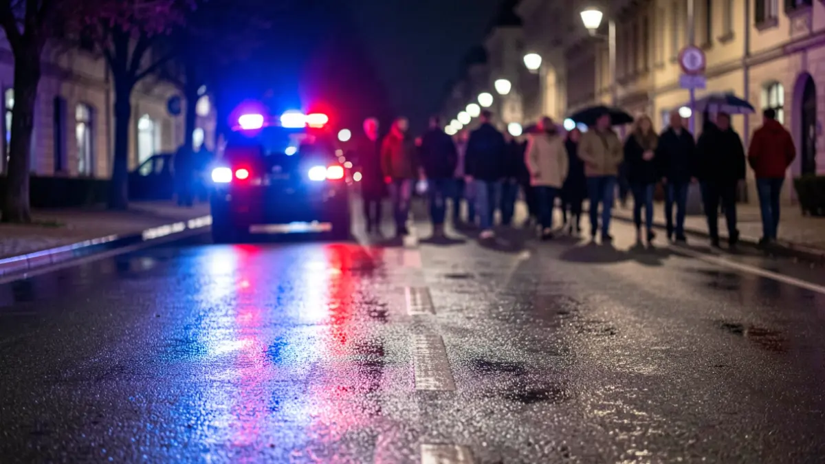 Generic image of police emergency lights reflecting on wet asphalt.