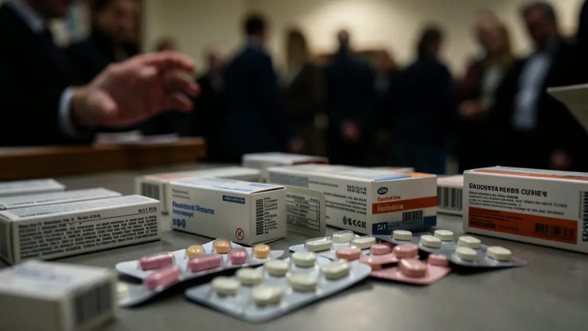 Image of pharmaceutical medicines and boxes on a counter.