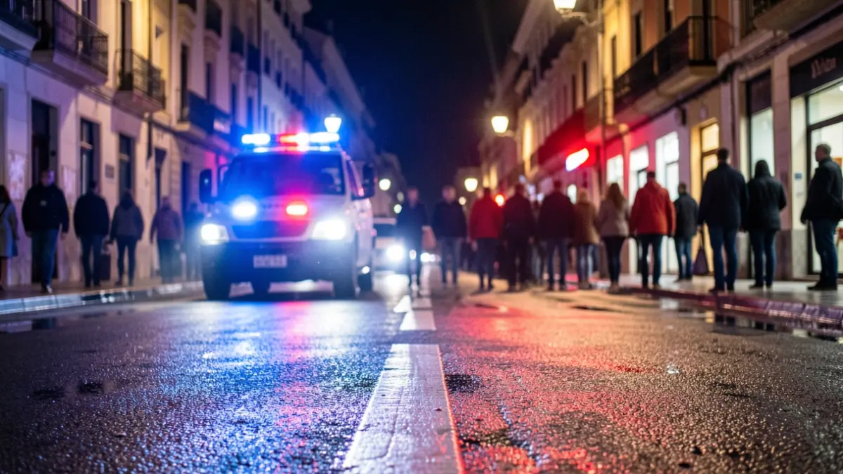 Imagen genérica de luces de emergencia policiales reflejándose en el asfalto mojado por la noche.