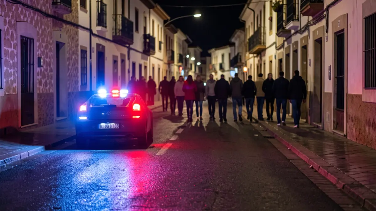 Imagen genérica de luces de emergencia policiales reflejándose en el asfalto mojado por la noche.
