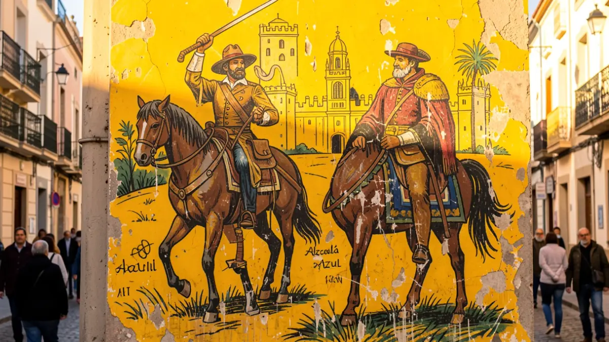 Deteriorated mural of Don Quixote and Sancho Panza in Alcalá de Henares.