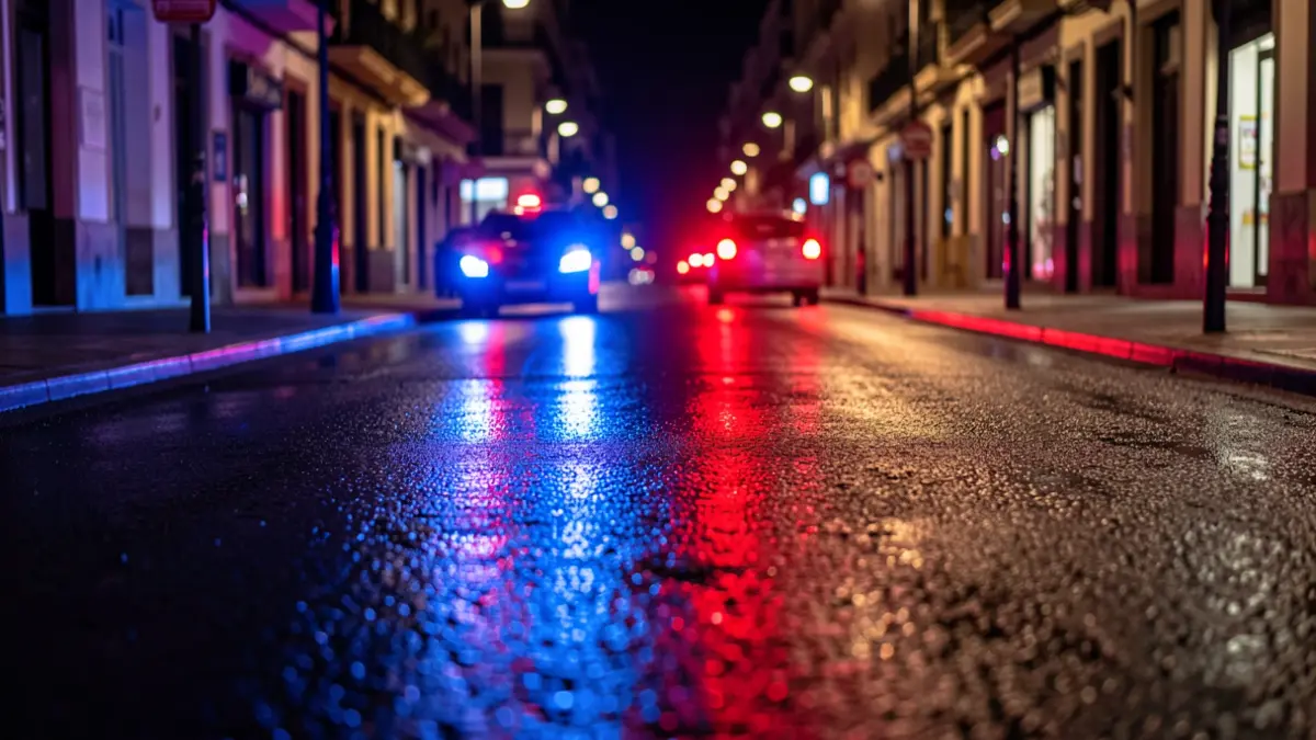 Imagen genérica de luces de emergencia policiales en una calle mojada por la noche.
